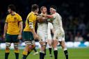 Spirit: England captain Chris Robshaw intervenes as Tom Wood clashes with Australia's Luke Jones      Picture: Getty Images