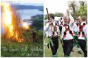Left, a Queen's birthday beacon like the one due to be lit in Wimbledon, and dance troupe Greensleeves Morris Men