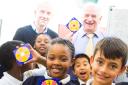 Johnny Ball with pupils at Sacred Heart RC Primary School