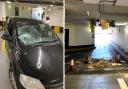 Image of the damage to the car when the first concrete debris hit, and another image of when a second lot of concrete fell from the roof