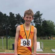 Thomas Wharton, winner of the Under-13 boys 800m and 75m hurdles