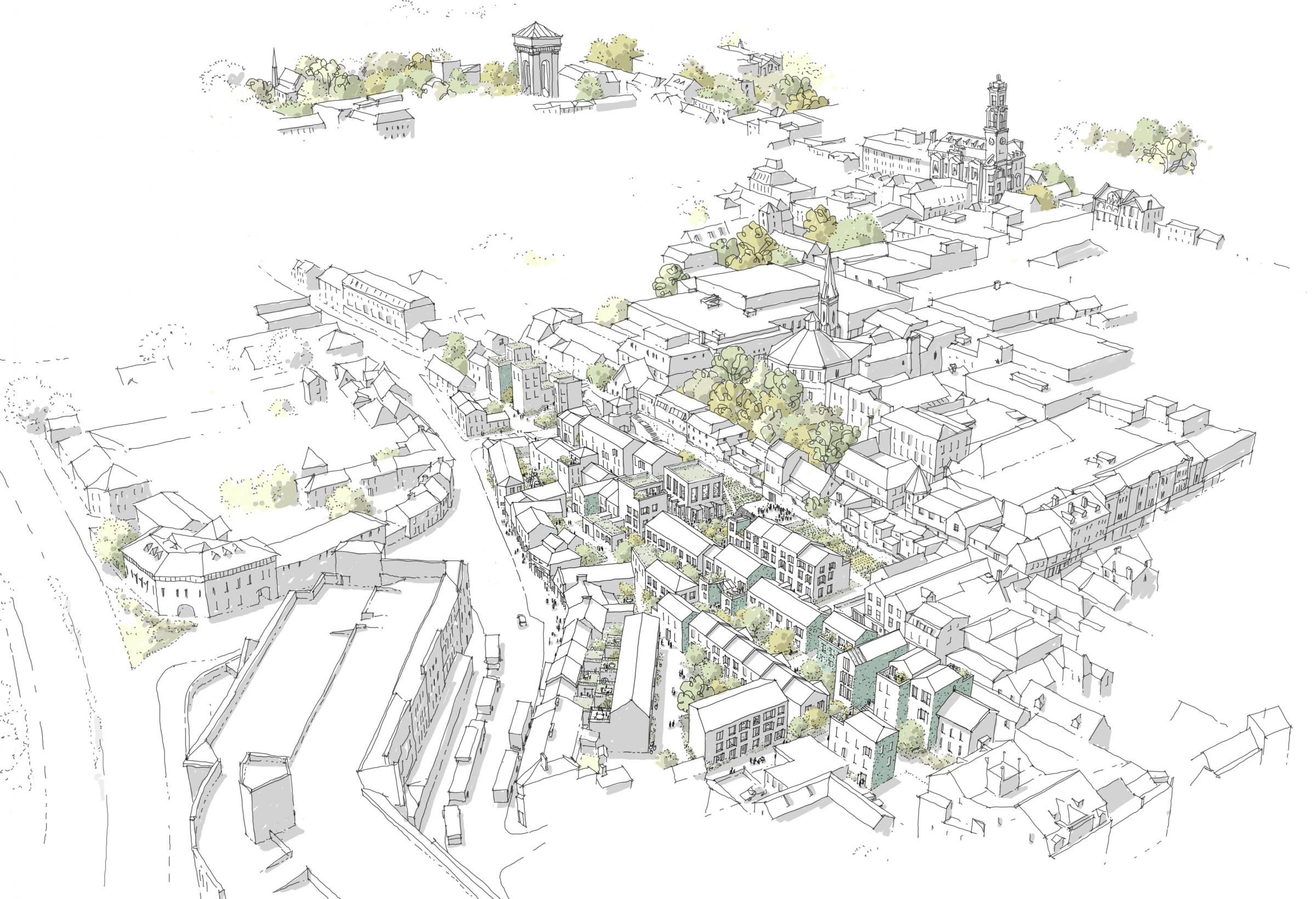 Architects Impression of Vineyard Gate, Colchester for illustrative purposes only – aerial view as proposed