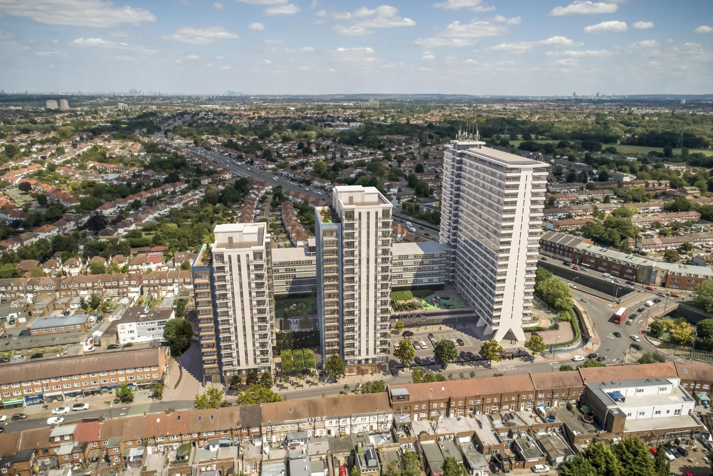 A CGI of the new development on the Tolworth Tower site, including two new towers. Credit: Meadow Partners