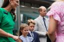 The Prince and Princess of Wales with Prince George and Princess Charlotte arrive on day fourteen of the 2023 Wimbledon Championships at the All England Lawn Tennis and Croquet Club in Wimbledon