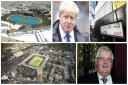 Top left: Paschal Taggart's plans for a new greyhound stadium, Boris Johnson, AFC Wimbledon's proposed stadium and Paschal Taggart.