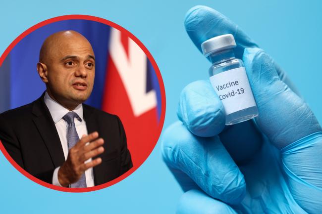 Sajid Javid (left) (PA) Person holding Covid vaccine with gloves on. (Canva)