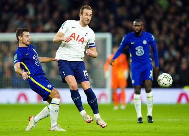 Wimbledon Times: Chelsea's Cesar Azpilicueta and Tottenham Hotspur's Harry Kane battle for the ball during the Carabao Cup Semi Final, second leg match at the Tottenham Hotspur Stadium, London.