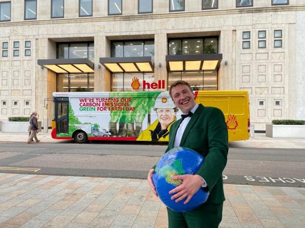 Wimbledon Times: Joe Lycett outside of Shell's Headquarters in London, perfoming a stunt as part of his documentary Joe Lycett vs The Oil Giant, which explores the energy company, its marketing and its exploration for new oil reserves. Photo via PA.
