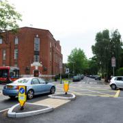 The yellow box junction where Dorset Road meets Kingston Road in Merton Park