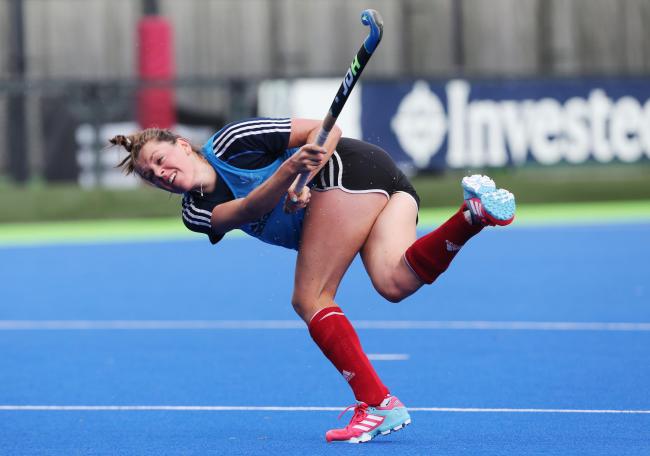 On target: Giselle Ansley scored against India from a penalty corner routine honed at Bisham Abbey - she celebrated with a fist pump
