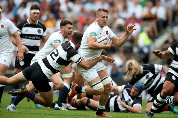 LONDON, ENGLAND - JUNE 02: Alex Dombrandt of England breaks with the ball during the Quilter Cup match between England and Barbarians at Twickenham Stadium on June 02, 2019 in London, England. (Photo by Steve Bardens - RFU/The RFU Collection via Getty